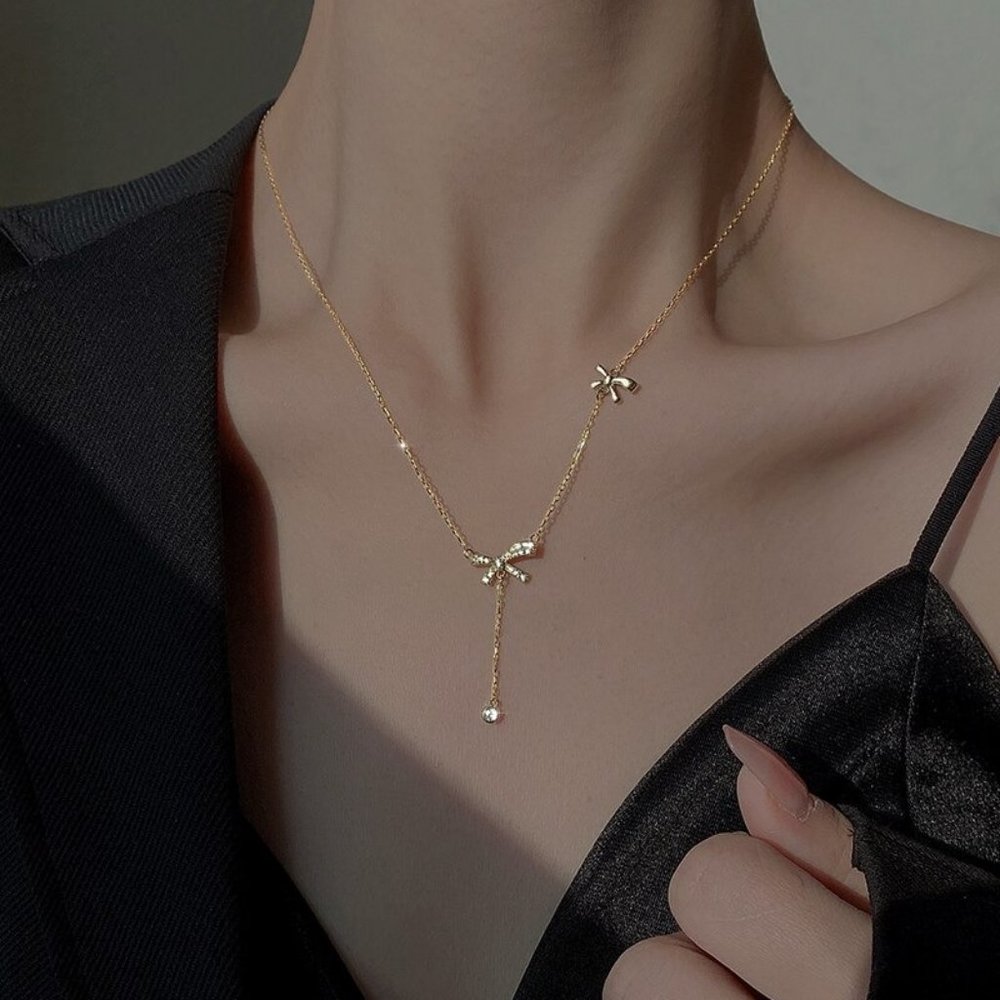 NEW Silver Gold Copper Zircon Bow Knot Tassel Necklace